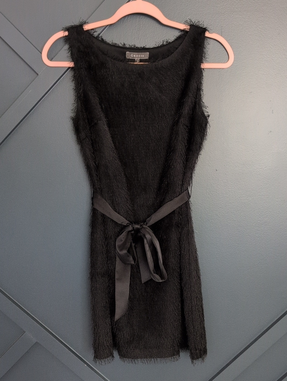 Gracia Black Fringe Sleeveless Tie-Waist Mini Dress